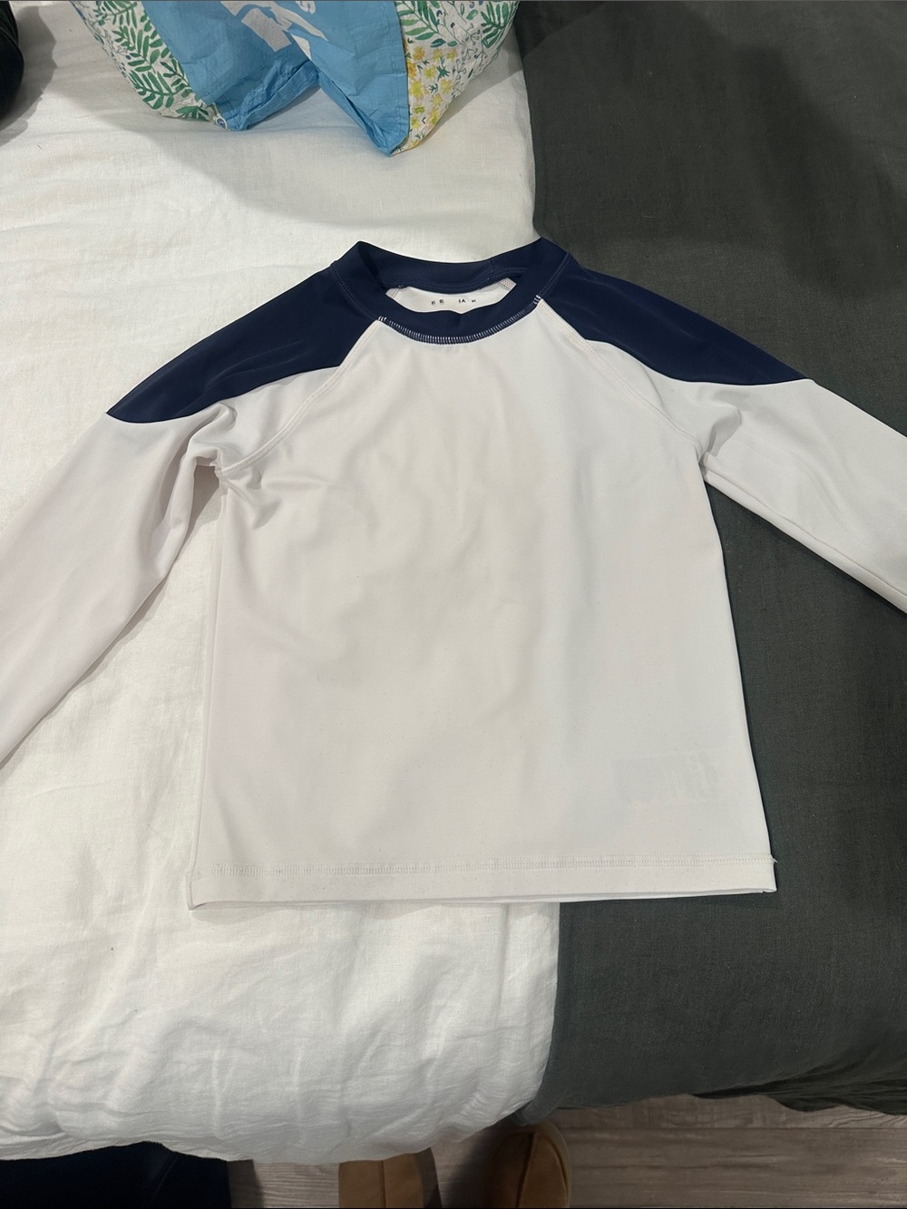 Janie & Jack Kids Long-Sleeve Raglan Swim Shirt - White with Navy Shoulders